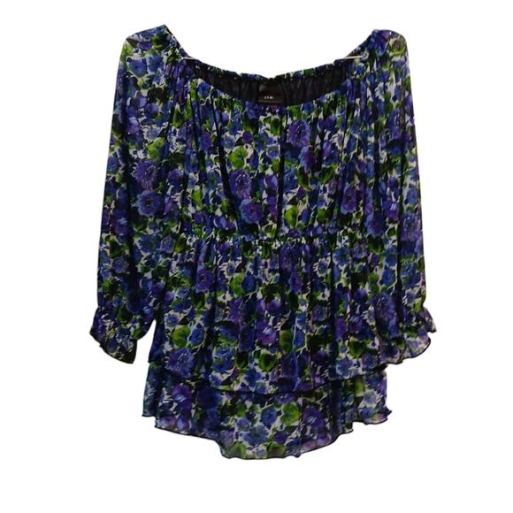 Y2K VINTAGE Ruffled Blouse Top L Floral Purple Green Whimsigoth Cottage Coquette - Picture 12 of 12